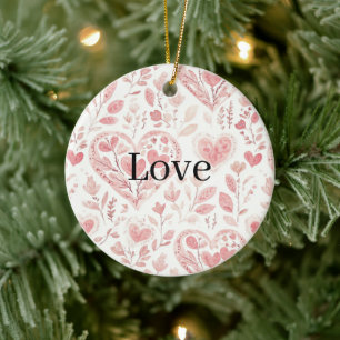 Pink Hearts Floral Love Ceramic Ornament