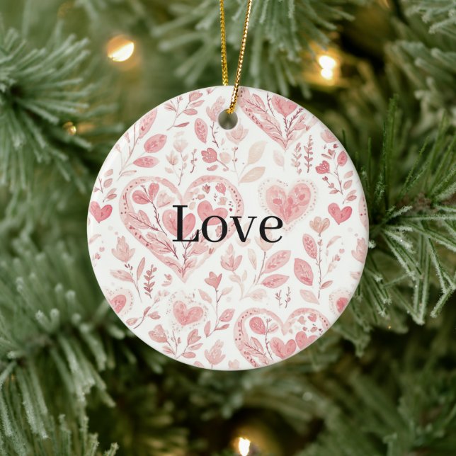Pink Hearts Floral Love   Ceramic Ornament (Tree)