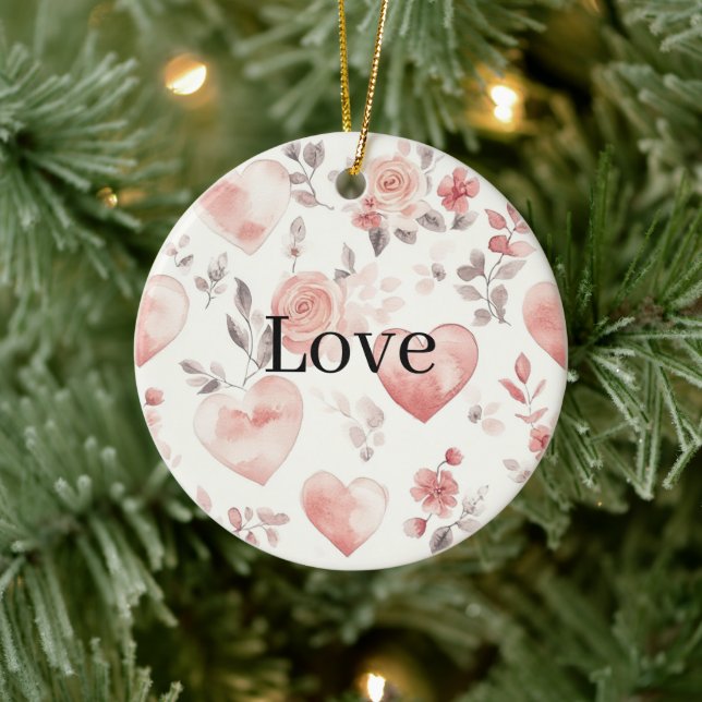Pink Hearts & Flowers Love   Ceramic Ornament (Tree)