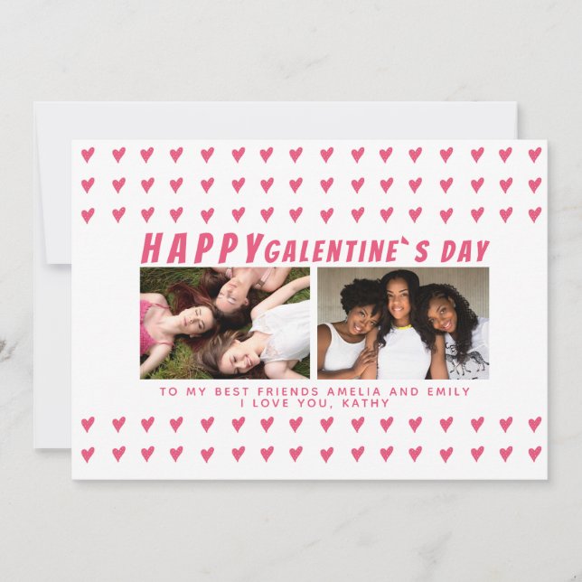 Pink Hearts Galentine`s Day Friends 2 Photo Holiday Card (Front)