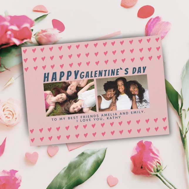 Pink Hearts Galentine`s Day Friends 2 Photo Holiday Card (Creator Uploaded)