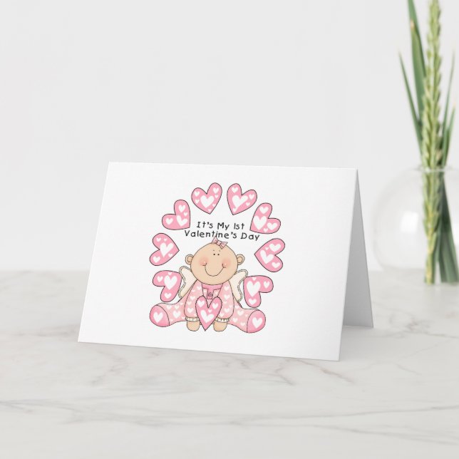 Pink Hearts Girl 1st Valentine's Day Tshirts Holiday Card (Front)