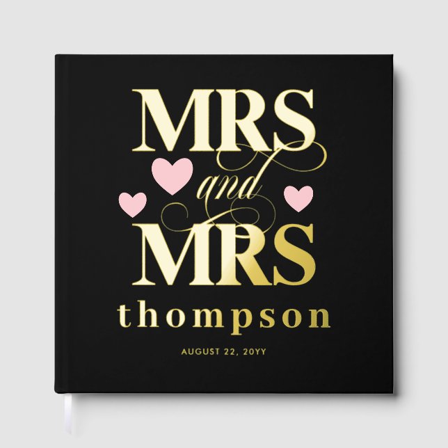 Pink Hearts Gold Mrs & Mrs Lesbian Wedding Guest Book (Front)