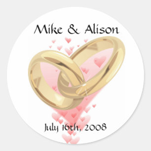 Pink Hearts & Gold Rings Wedding Stickers