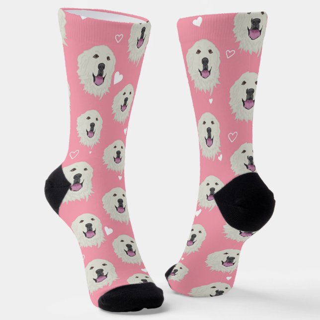 Pink Hearts Great Pyrenees Socks (Angled)