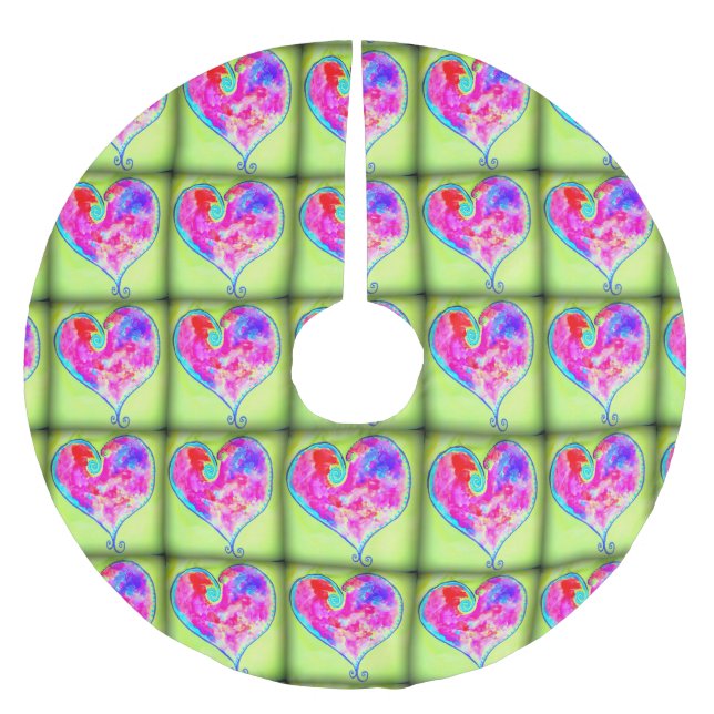 pink hearts green brushed polyester tree skirt (Front)