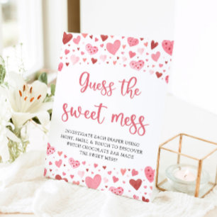 Pink Hearts Guess the Sweet Mess Baby Shower Game Pedestal Sign