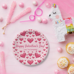 Pink Hearts Happy Valentine's Day & Custom Text Paper Plate
