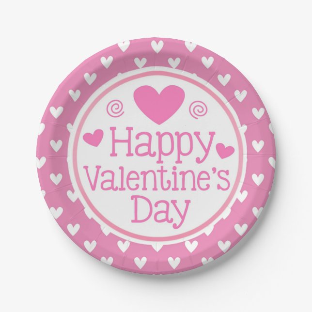 Pink Hearts Happy Valentines Day Kids Party Paper Plate (Front)