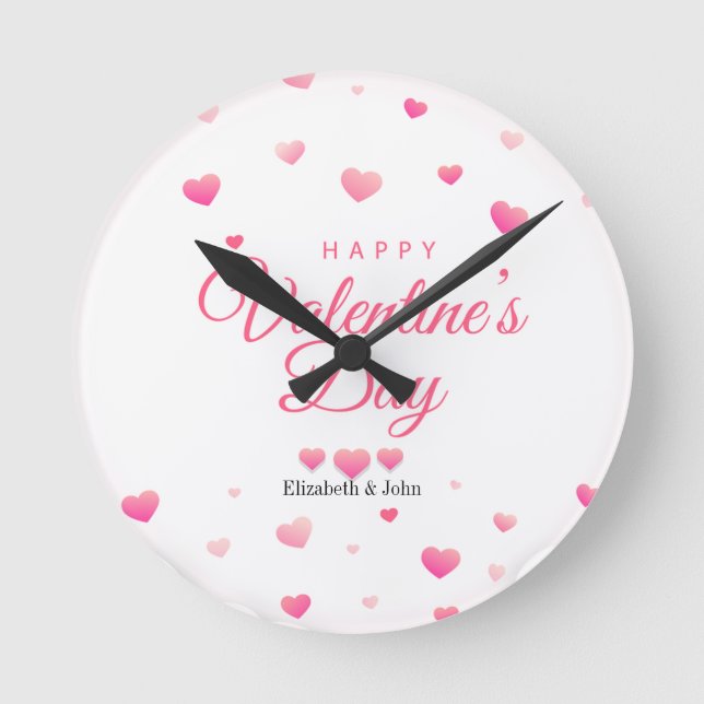 Pink Hearts Happy Valentine's Day    Round Clock (Front)