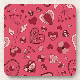 Pink hearts hard plastic coasters with cork back