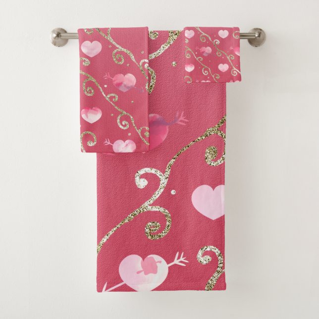 Pink Hearts Hot Pink Glitter Pattern Design Bath Towel Set (Insitu)