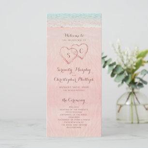 Pink hearts in the sand beach wedding program
