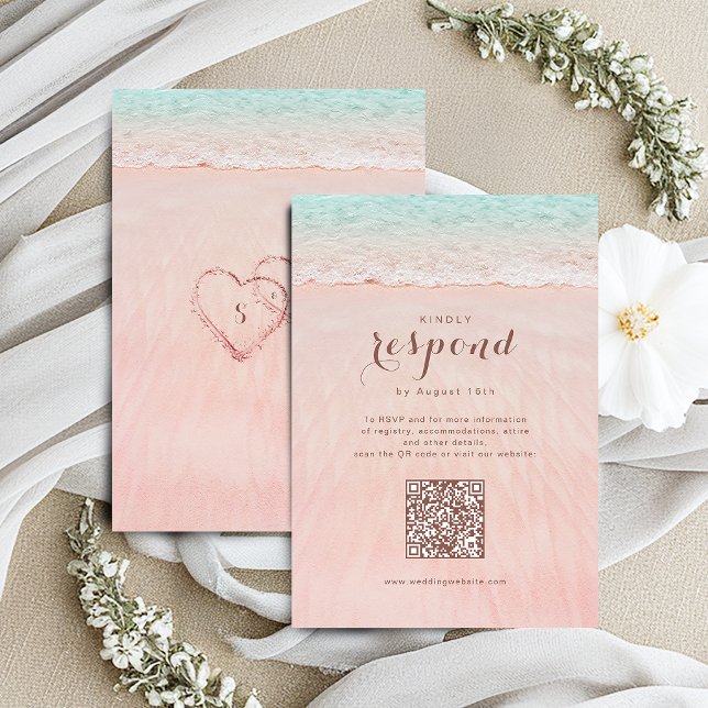 Pink hearts in the sand beach wedding QR code  RSVP Card (Pink hearts in the sand beach wedding QR code RSVP Card)