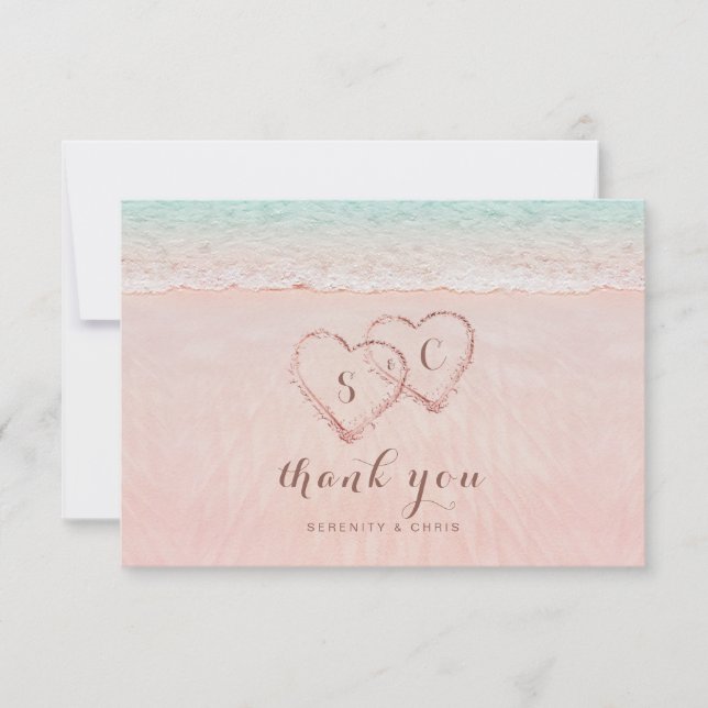Pink hearts in the sand destination beach thank you card (Front)