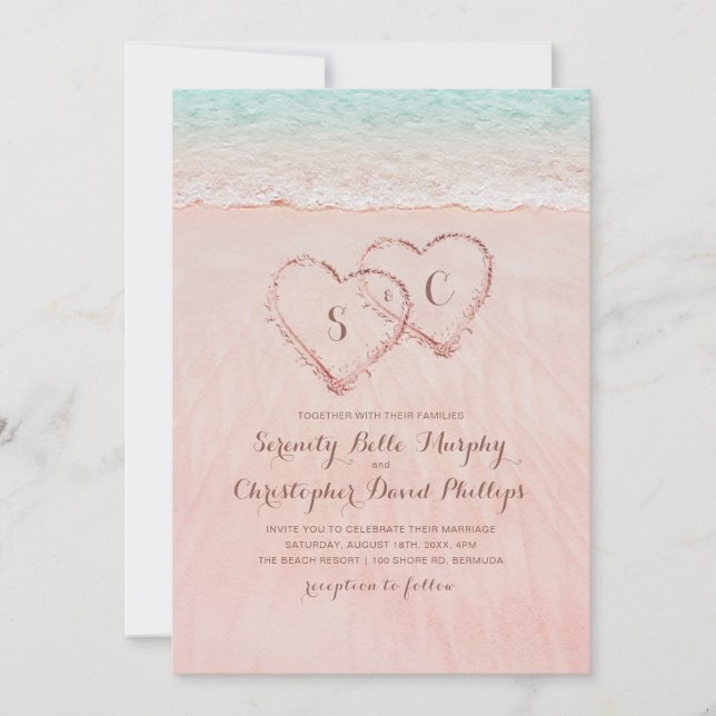Pink hearts in the sand destination beach wedding invitation (Front)