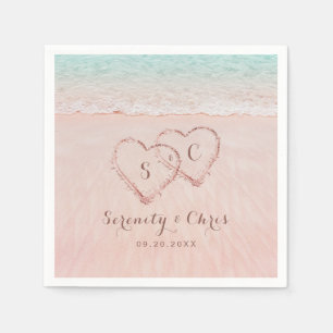 Pink hearts in the sand destination beach wedding napkin