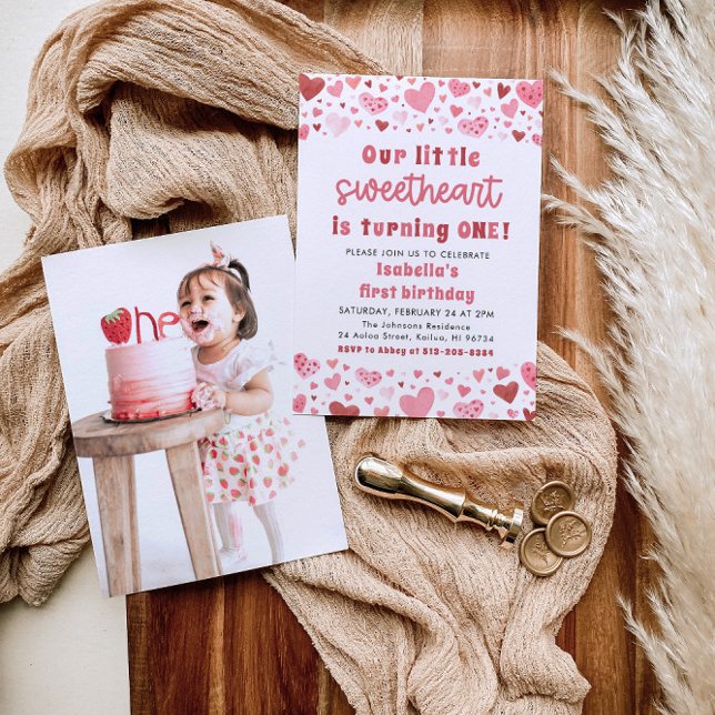 Pink Hearts Little Sweetheart Photo First Birthday Invitation (Creator Uploaded)
