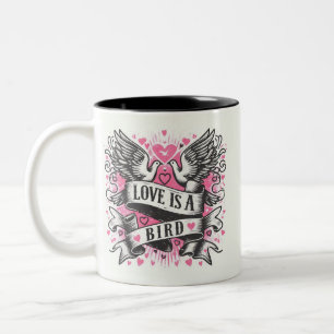 Pink hearts love is a Bird - doves Two-Tone Coffee Mug