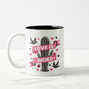 Pink hearts love is a Word Cactus doves Two-Tone Coffee Mug