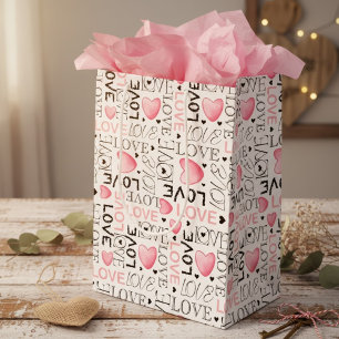 Pink Hearts Love Typography Valentine's Day Medium Gift Bag
