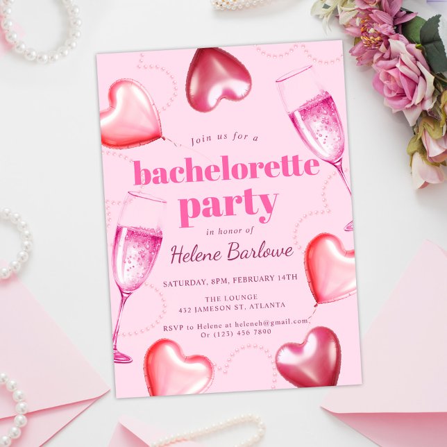Pink Hearts Modern Elegant Bachelorette Party Invitation (Pink Cute Girly Modern Elegant Bachelorette Party Invitation)