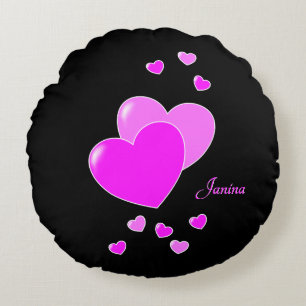 Pink Hearts On Black And Her Name Round Cushion