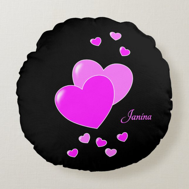 Pink Hearts On Black And Her Name Round Cushion (Front)