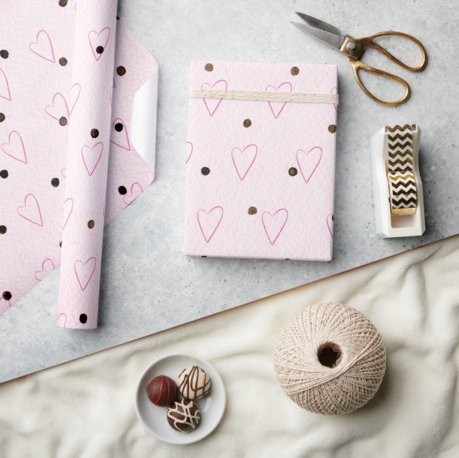 Pink Hearts On Black Dots Wrapping Paper (Crafts)