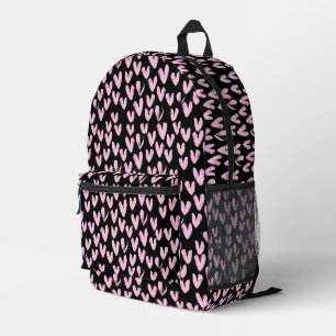 Pink Hearts On Black Printed Backpack