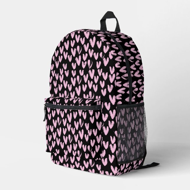 Pink Hearts On Black Printed Backpack (Back Corner Right)