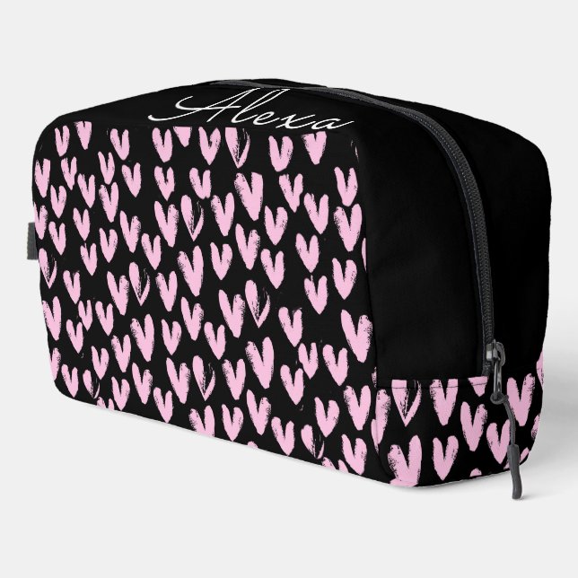 Pink Hearts On Black With Custom Name Dopp Kit (Right Corner)