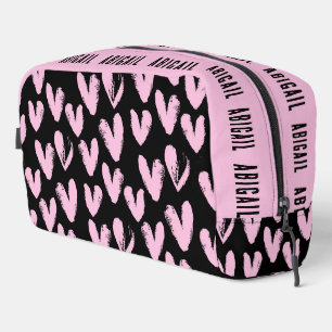 Pink Hearts On Black With Custom Name Dopp Kit