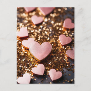 pink hearts on golden glitter ground for valentine postcard