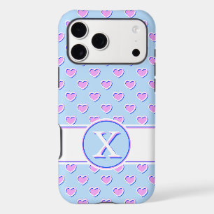 Pink Hearts On Pastel Blue Your Custom Monogram