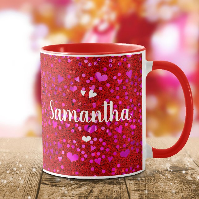 Pink hearts on red glitter add your name script mug (Creator Uploaded)