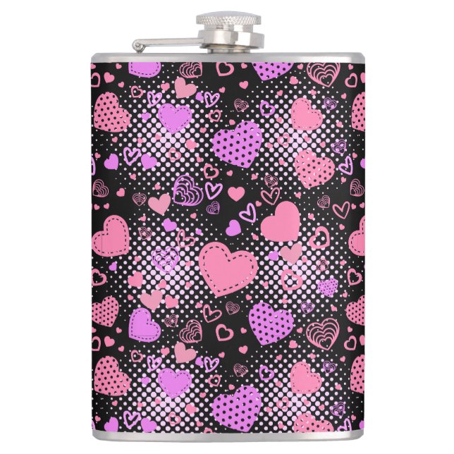 Pink Hearts Pattern 01 Black BG Hip Flask (Front)