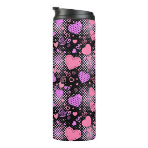 Pink Hearts Pattern 01 Black BG Thermal Tumbler