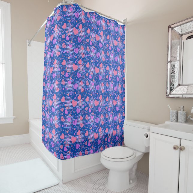 Pink Hearts Pattern 01 Blue BG Shower Curtain (In Situ)