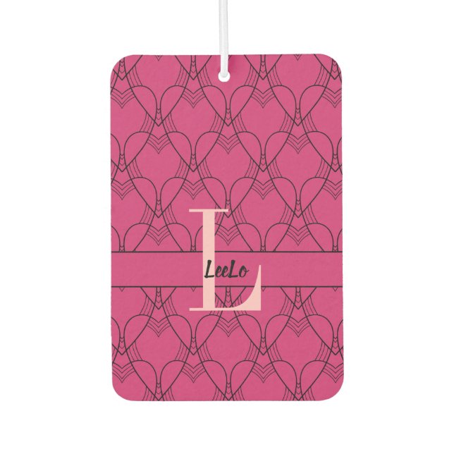 Pink Hearts Pattern Monogram and Name Custom Car Air Freshener (Front)