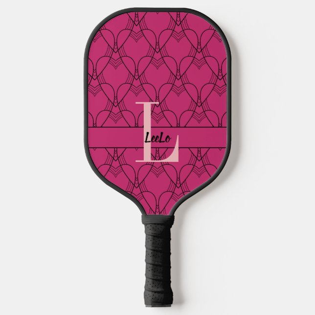 Pink Hearts Pattern Monogram and Name Custom Pickleball Paddle (Front)