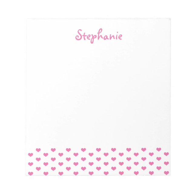 Pink Hearts Pattern on White Girly Name Notepad (Front)