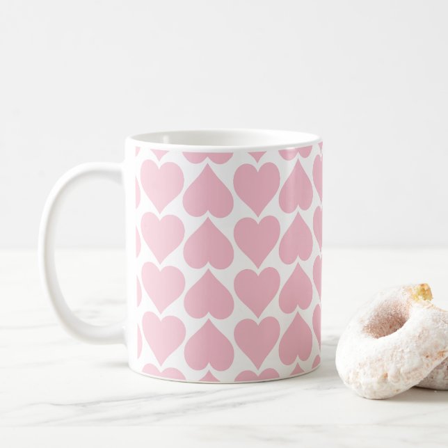 Pink Hearts Pattern, Romantic, Love Coffee Mug (With Donut)