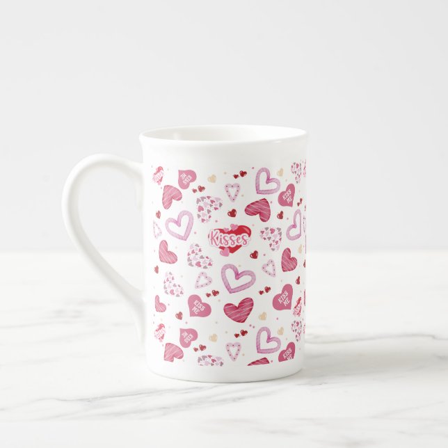 Pink Hearts Pattern Valentine's Day Bone China Mug (Left)