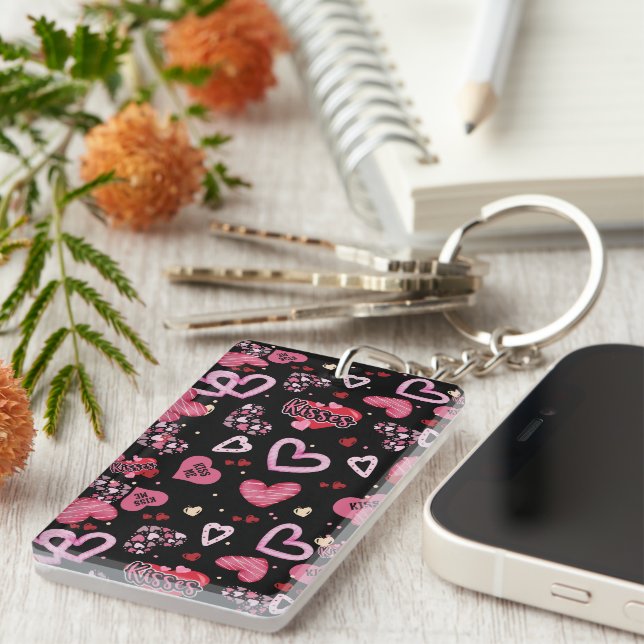 Pink Hearts Pattern Valentine's Day Key Ring (Front Right)