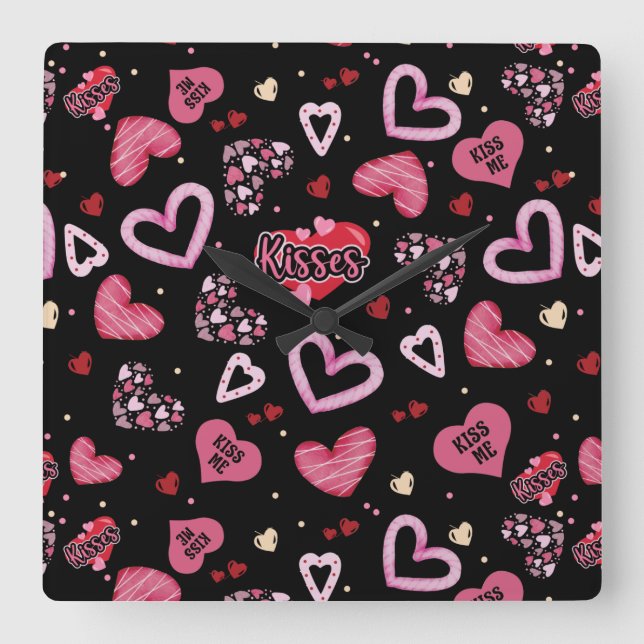 Pink Hearts Pattern Valentine's Day Square Wall Clock (Front)