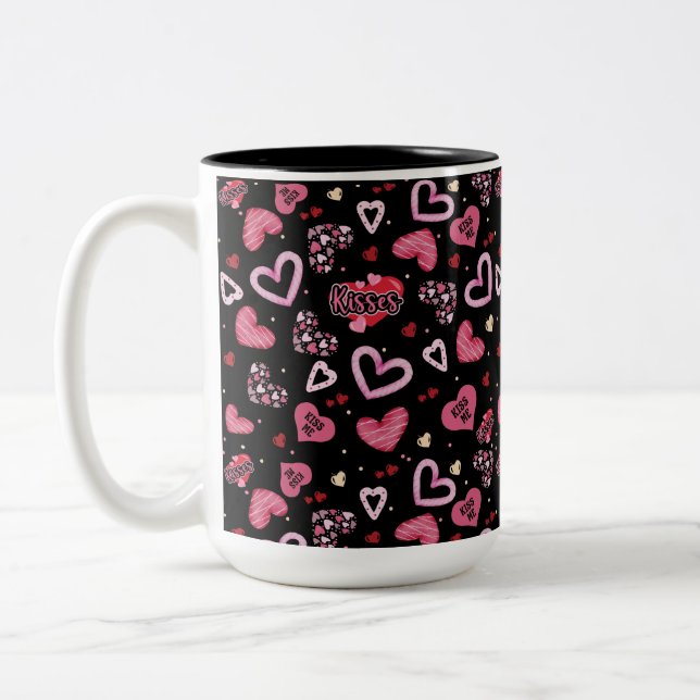 Pink Hearts Pattern Valentine's Day Two-Tone Coffee Mug (Left)