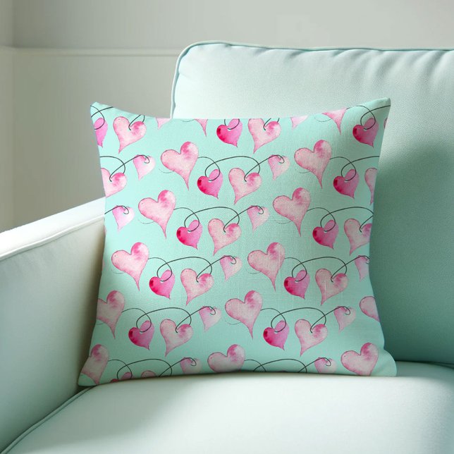 Pink Hearts Pattern Watercolor Cushion (Valentines decor watercolor hearts pillow art by Victoria Grigaliunas of Do Tell A Belle)