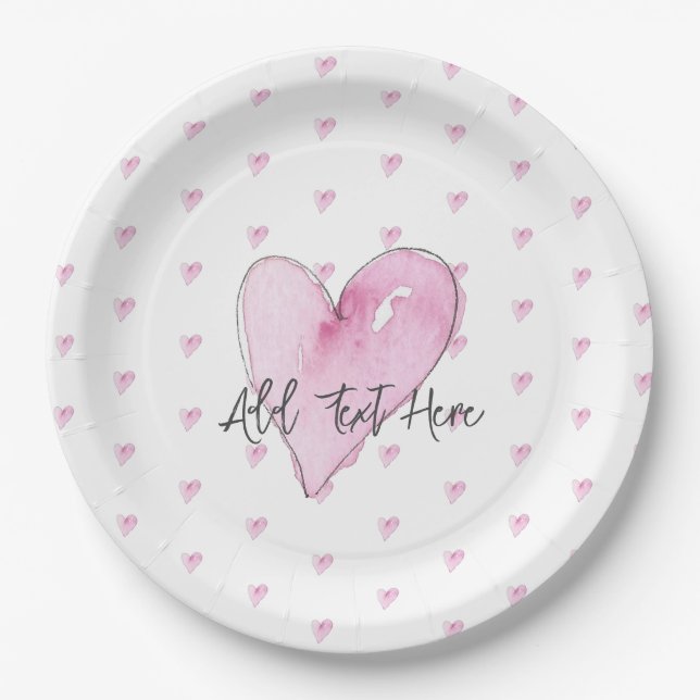 Pink Hearts Pattern Watercolors Sweet Love Modern Paper Plate (Front)
