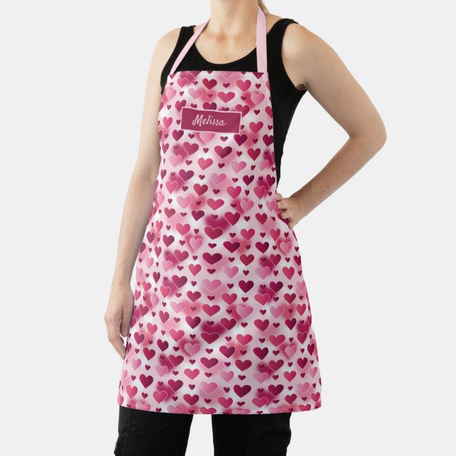 Pink Hearts Pattern With Custom Name Apron (Insitu)